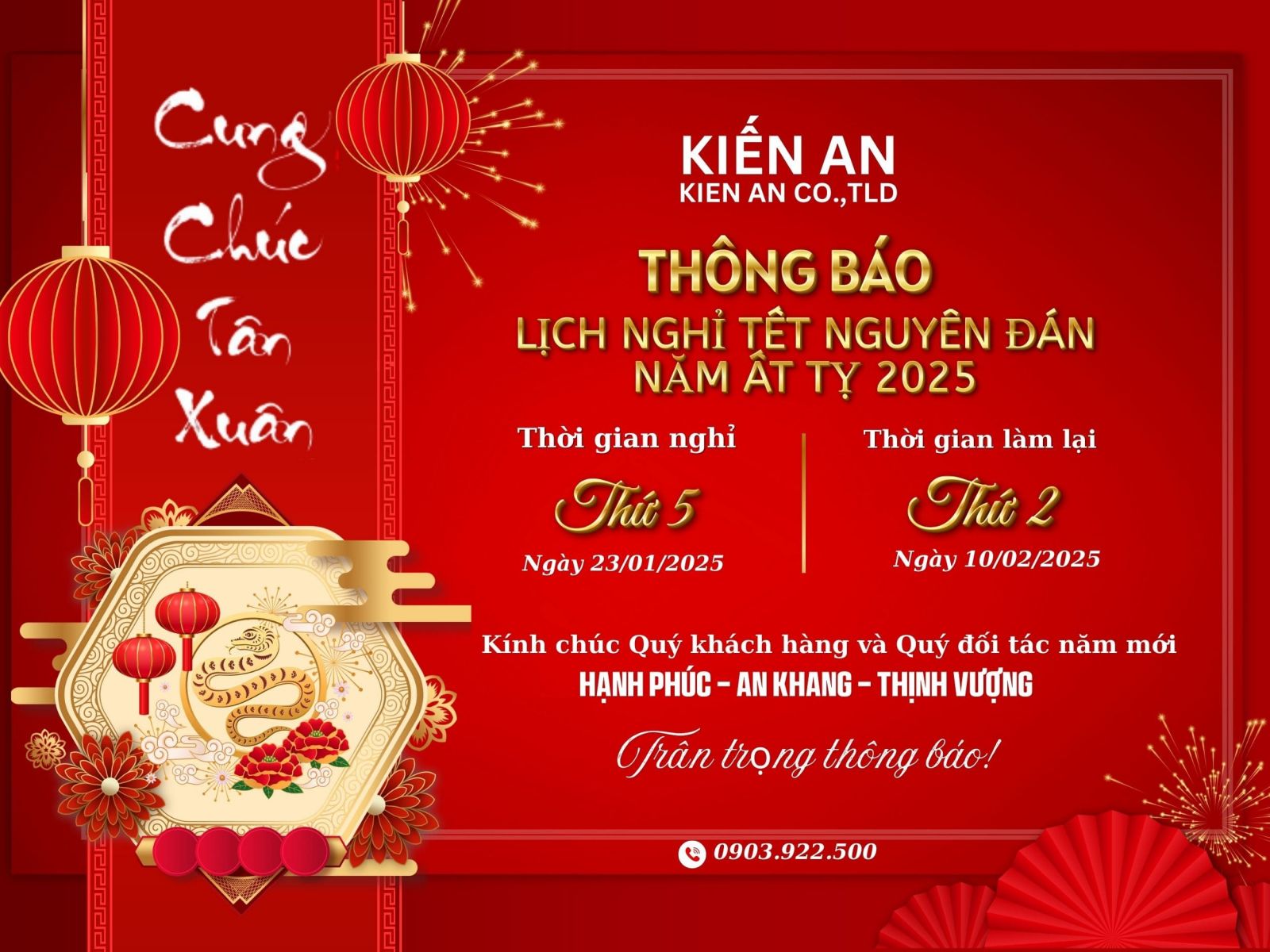 Thông Báo Lịch Nghỉ Tết Nguyên Đán 2025 Của Công Ty Tnhh Xnk Kiến An 